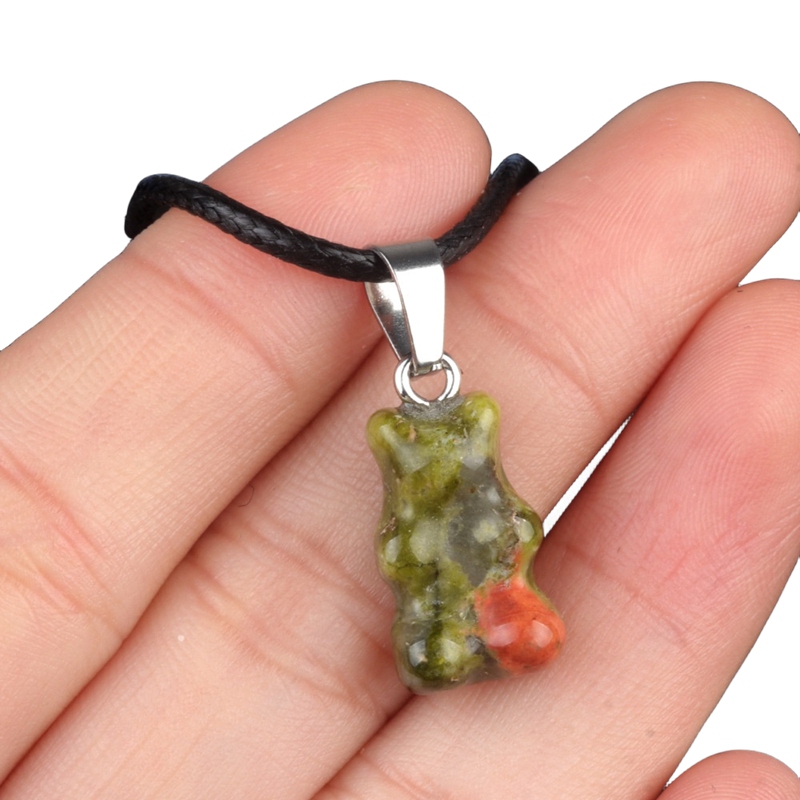 Natural Gemstone Bear Pendant Necklace 18" Black Cord 10x18MM Handmade Craved Animal 