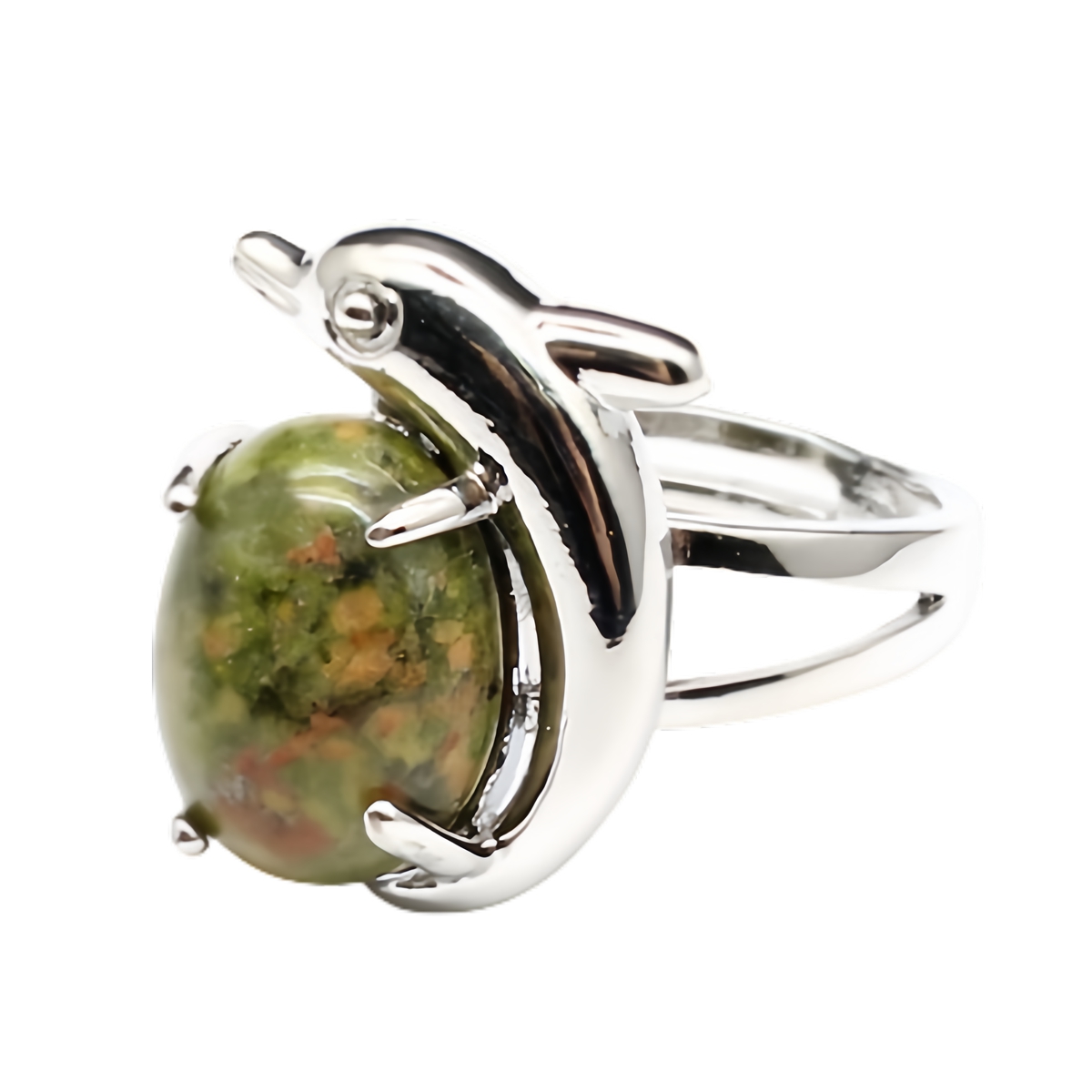 Silver Dolphin Stone Rings for Women Men Adjustable SR0150S 10MM Gemstone CAB