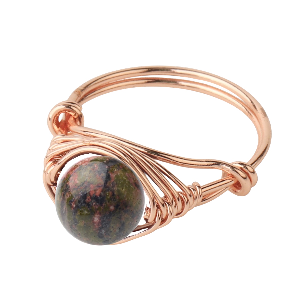 Healing Gemstone Ring for Women 10MM Beads Rose Gold Wire Wrapped Adjustable Ring SR0163 