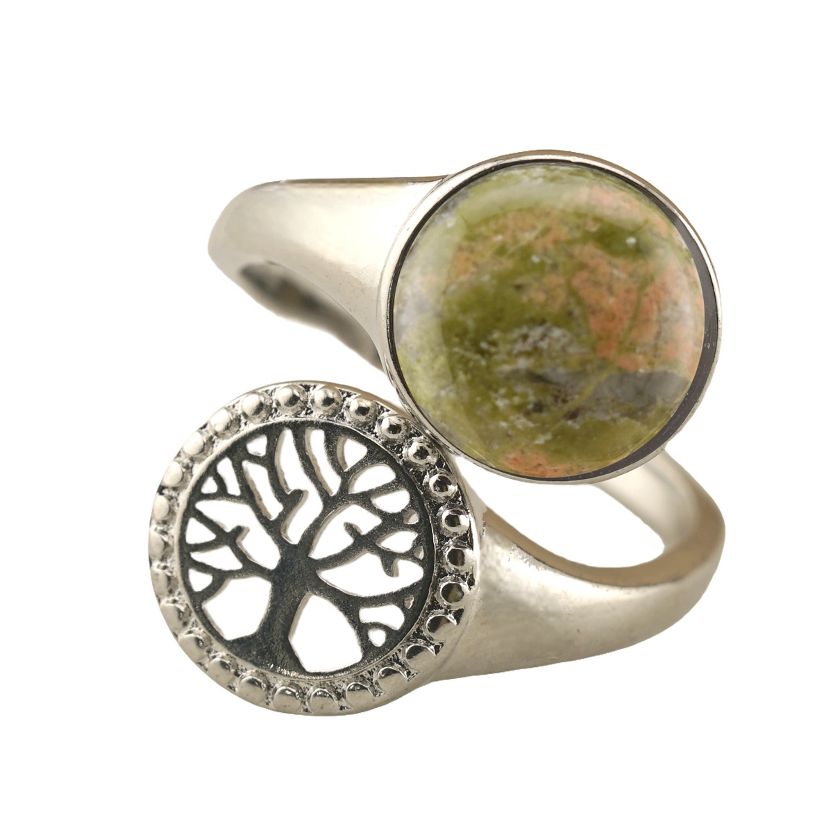 Silver Life of Tree Stone Rings for Women Men Adjustable 10MM Round Gemstone CAB SR0171S