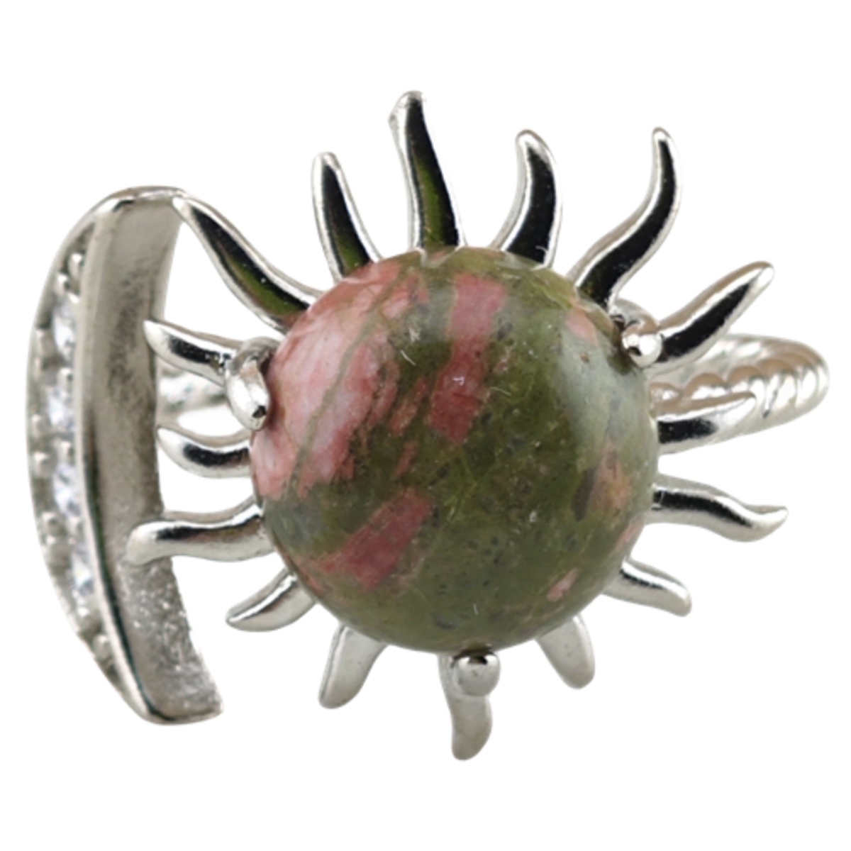 Silver Solar Stone Rings for Women Men Adjustable 10MM Gemstone Cabochons Sun Moon Rings SR0178S