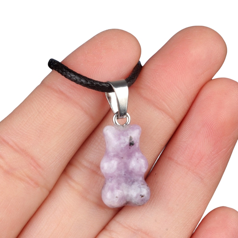 Natural Gemstone Bear Pendant Necklace 18" Black Cord 10x18MM Handmade Craved Animal 