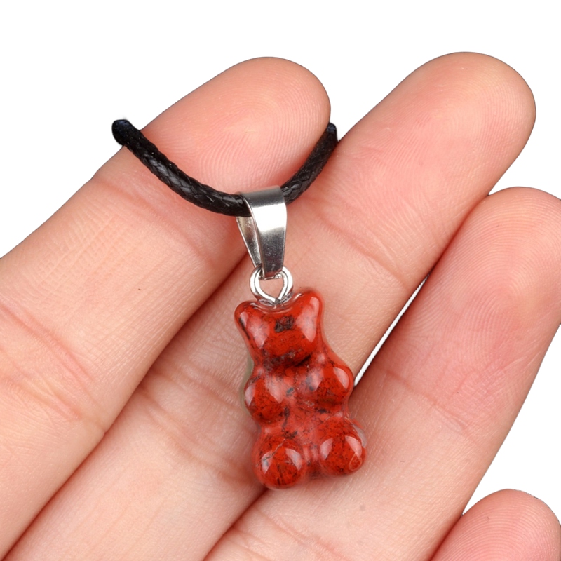 Natural Gemstone Bear Pendant Necklace 18" Black Cord 10x18MM Handmade Craved Animal 