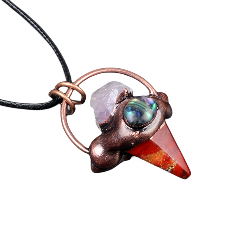 Retro Red Copper Hexagonal Pyramid Stone Pendant Necklace 45CM Black Cord