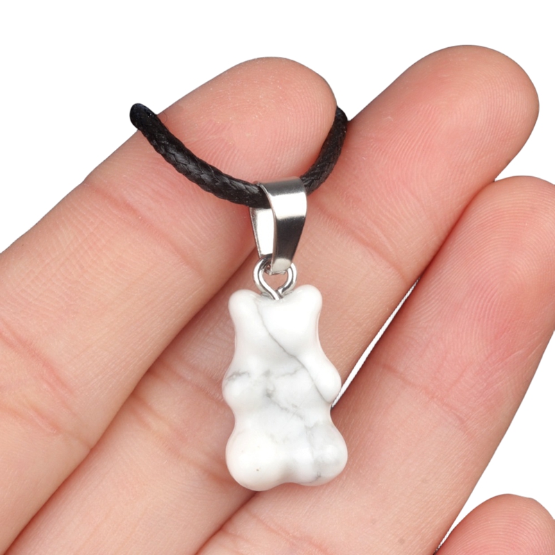 Natural Gemstone Bear Pendant Necklace 18" Black Cord 10x18MM Handmade Craved Animal 