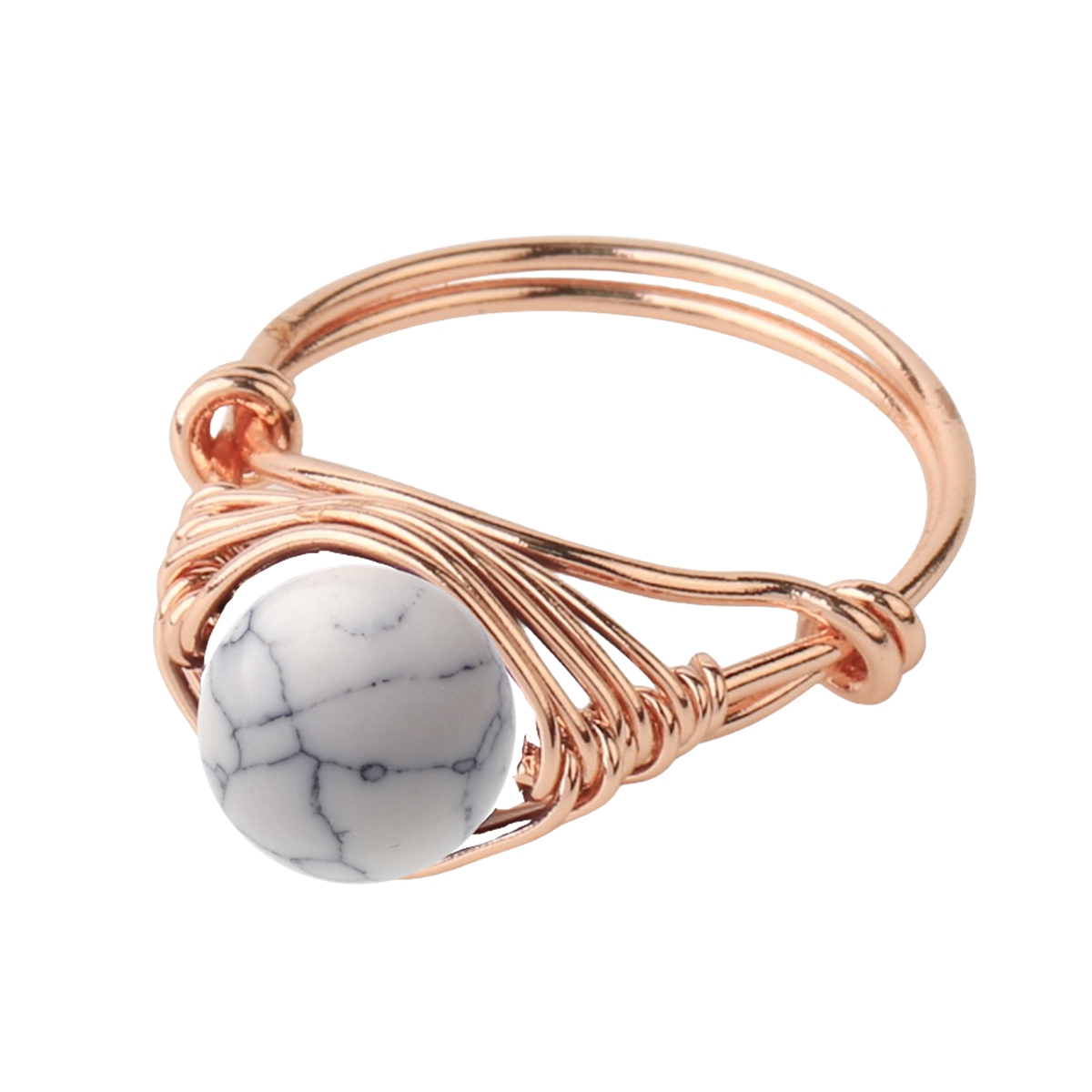 Healing Gemstone Ring for Women 10MM Beads Rose Gold Wire Wrapped Adjustable Ring SR0163 
