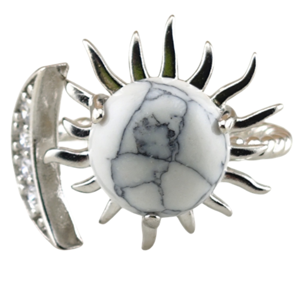 Silver Solar Stone Rings for Women Men Adjustable 10MM Gemstone Cabochons Sun Moon Rings SR0178S