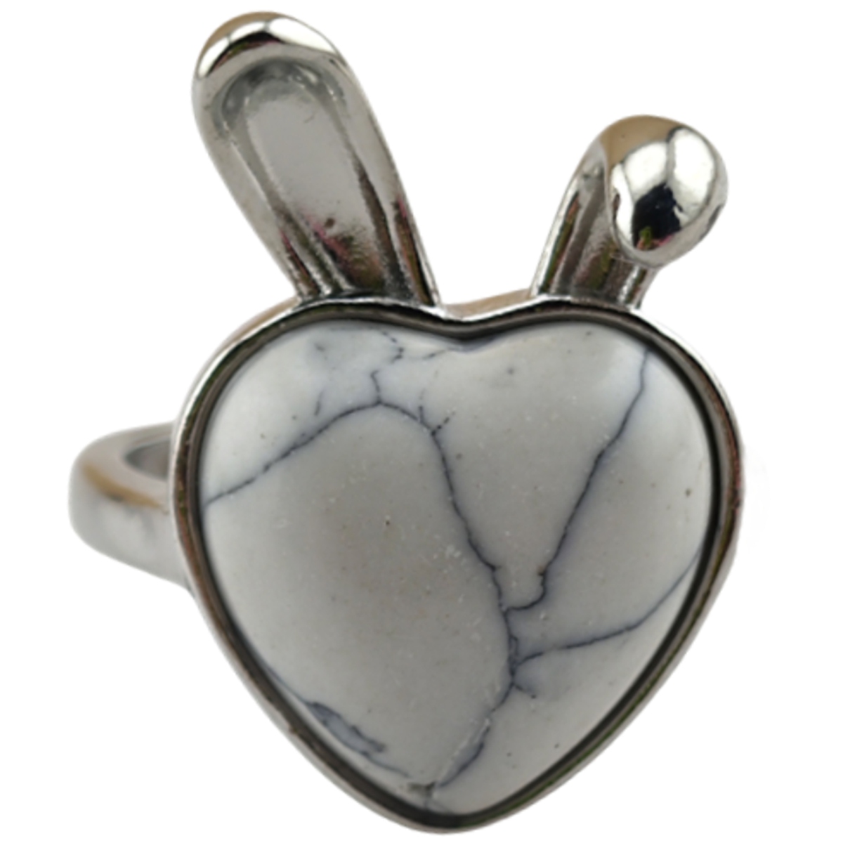 Silver Rabbit Stone Rings for Women Girl Adjustable 15MM Heart Gemstone Cabochons Rings SR0180S