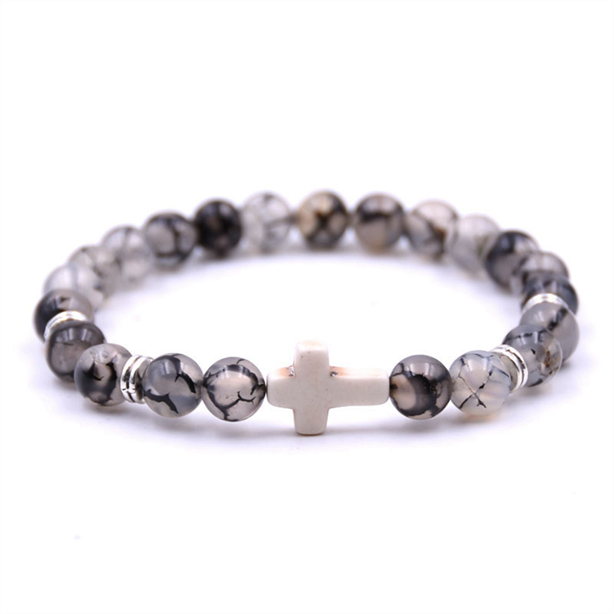 Natural Gemstone Cross Stretch Bracelets for Women Men 8MM Semi Preicous Stone Beads