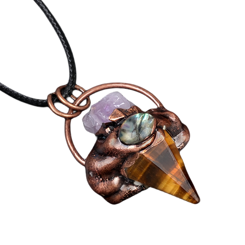 Retro Red Copper Hexagonal Pyramid Stone Pendant Necklace 45CM Black Cord