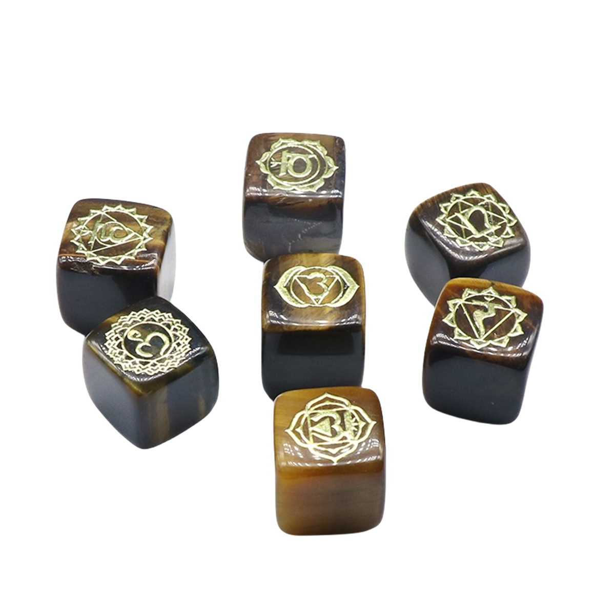 7PCS Healing Crystals Chakra Stones Set Gold Symbol Gemstones Polished Cube Square Stone Reiki meditation Wicca Power Balancing Crystal