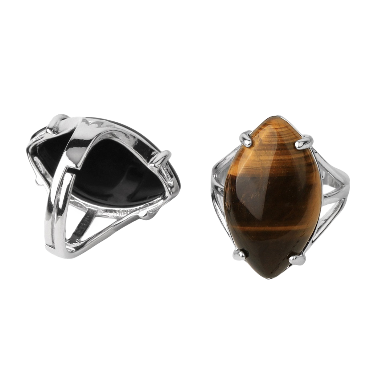 Stone Rings  for Women MenAdjustable Healing Crystal Ring Copper Plated White Gold 14X25MM Horse Eye Gemstone SR0121S