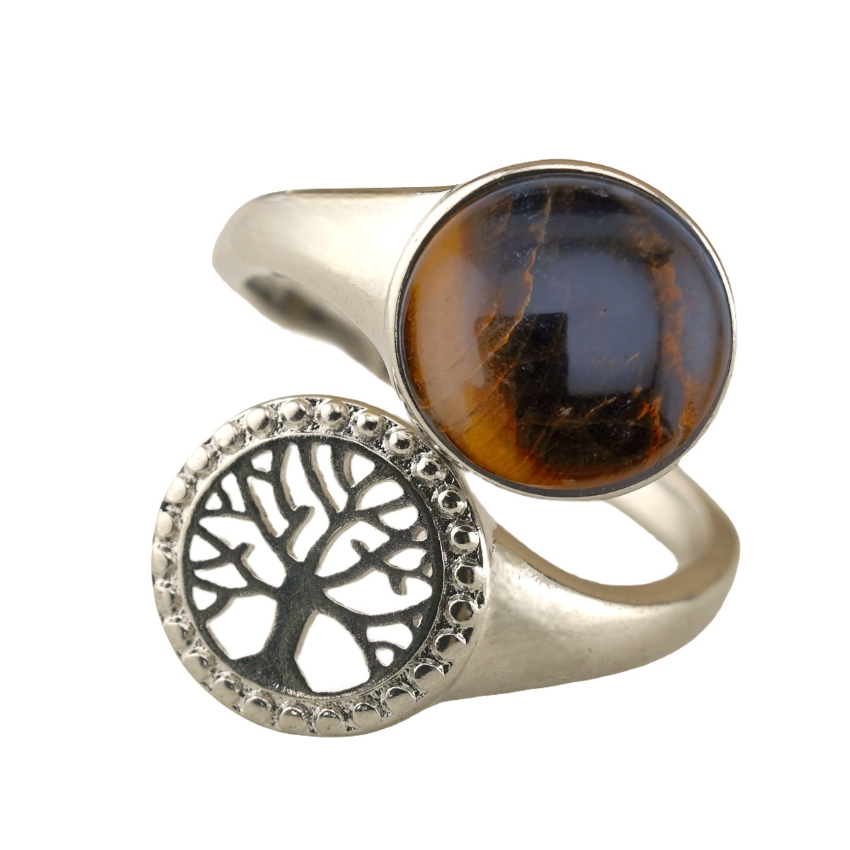 Silver Life of Tree Stone Rings for Women Men Adjustable 10MM Round Gemstone CAB SR0171S