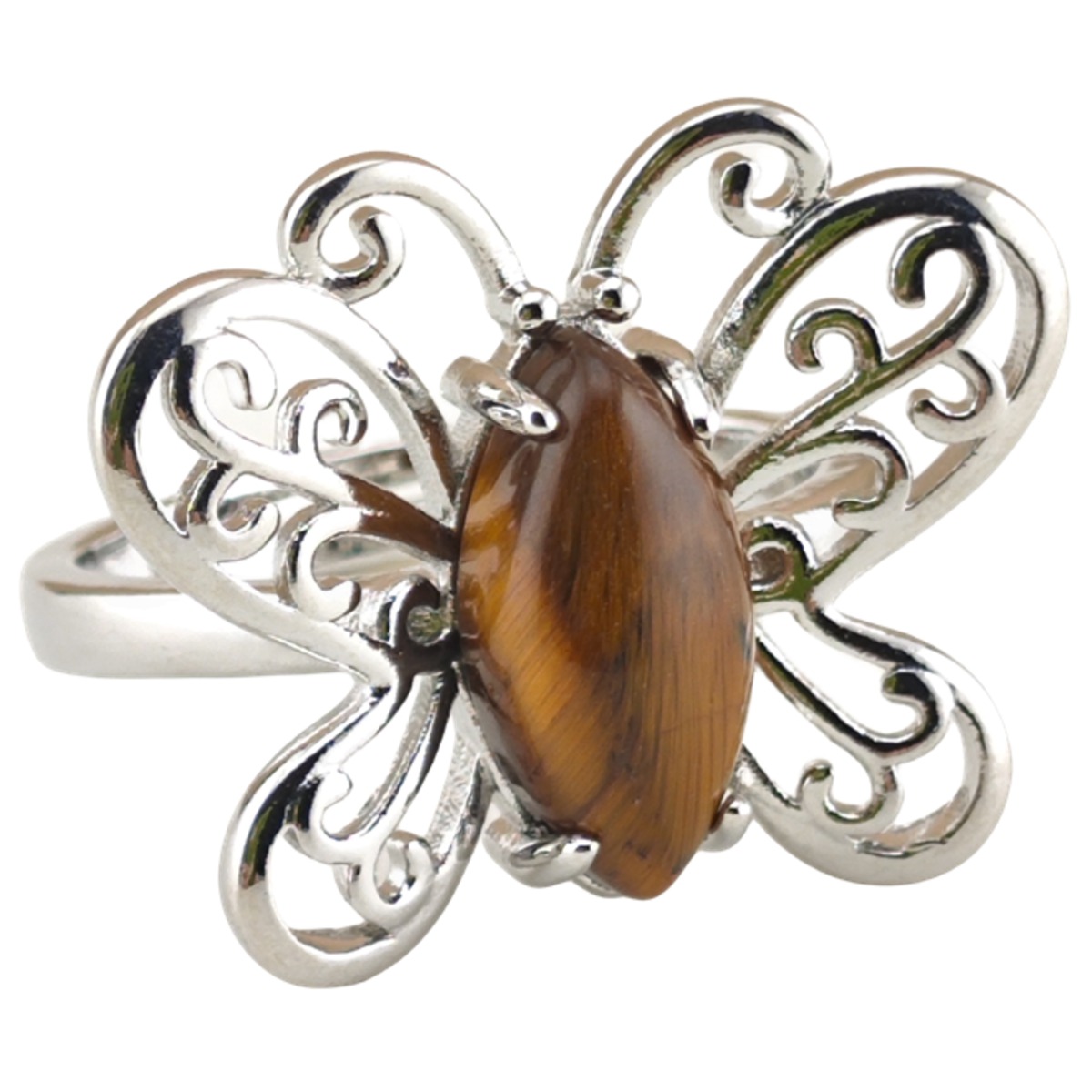 Silver Butterfly Stone Rings for Women Men Adjustable 7x15MM Horse Eye Gemstone CAB SR0175S