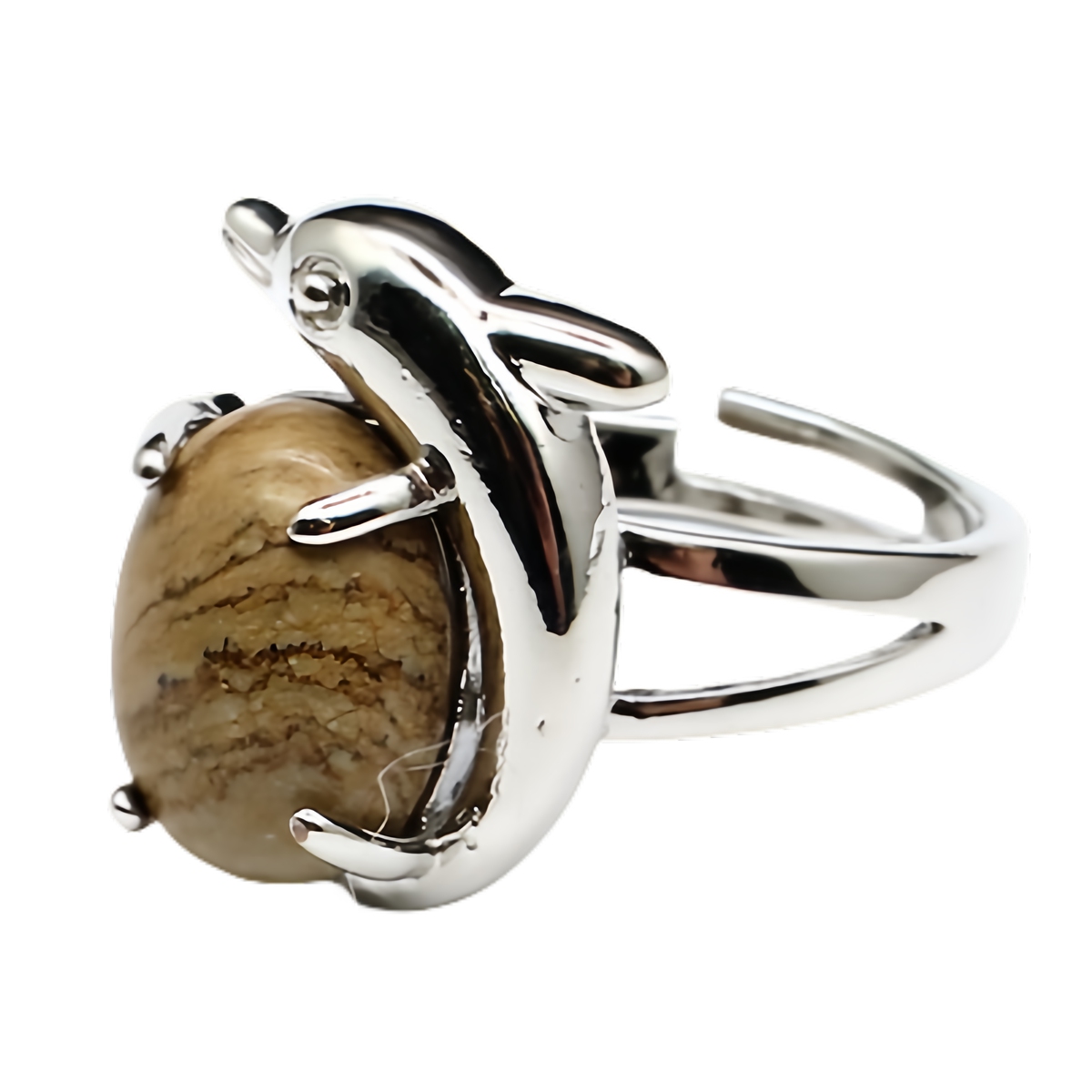 Silver Dolphin Stone Rings for Women Men Adjustable SR0150S 10MM Gemstone CAB