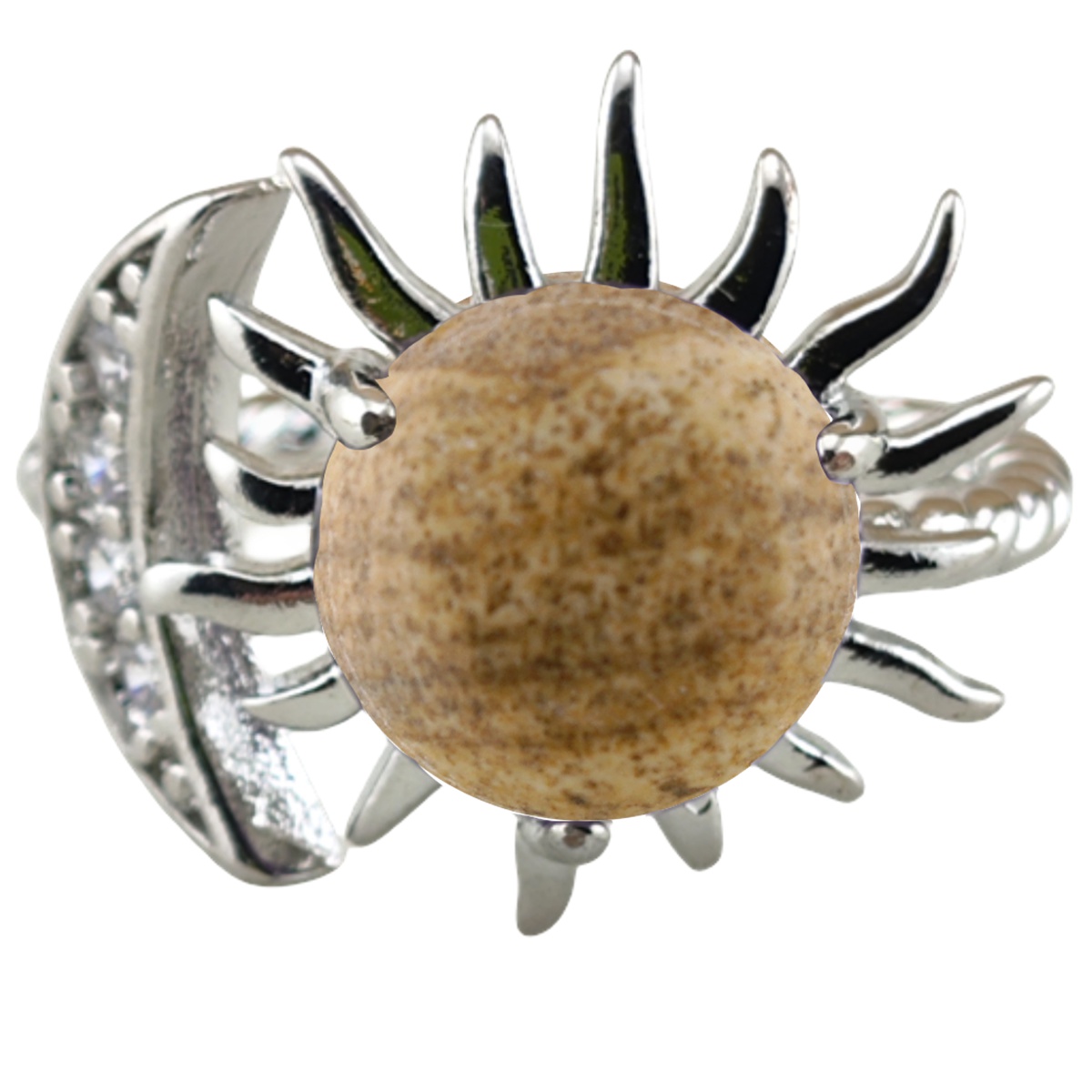 Silver Solar Stone Rings for Women Men Adjustable 10MM Gemstone Cabochons Sun Moon Rings SR0178S