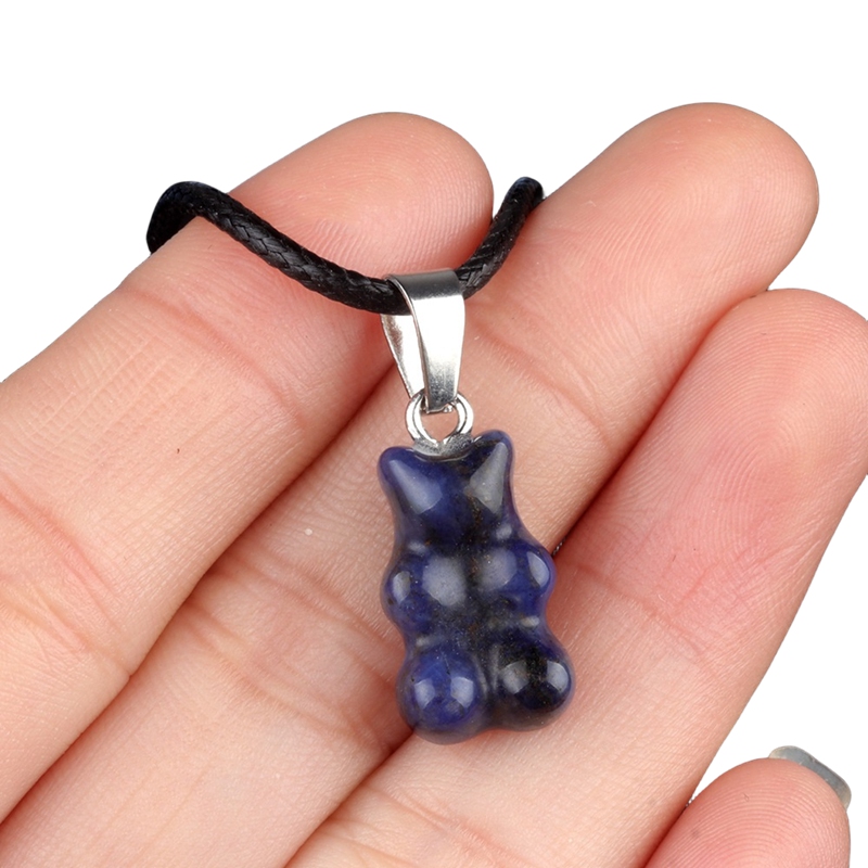 Natural Gemstone Bear Pendant Necklace 18" Black Cord 10x18MM Handmade Craved Animal 