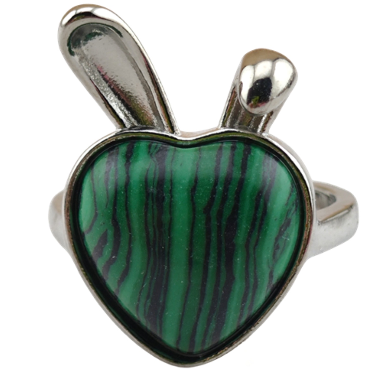 Silver Rabbit Stone Rings for Women Girl Adjustable 15MM Heart Gemstone Cabochons Rings SR0180S