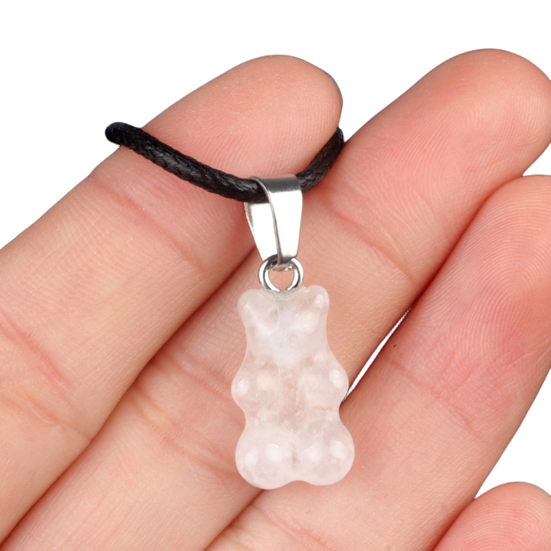 Natural Gemstone Bear Pendant Necklace 18" Black Cord 10x18MM Handmade Craved Animal 