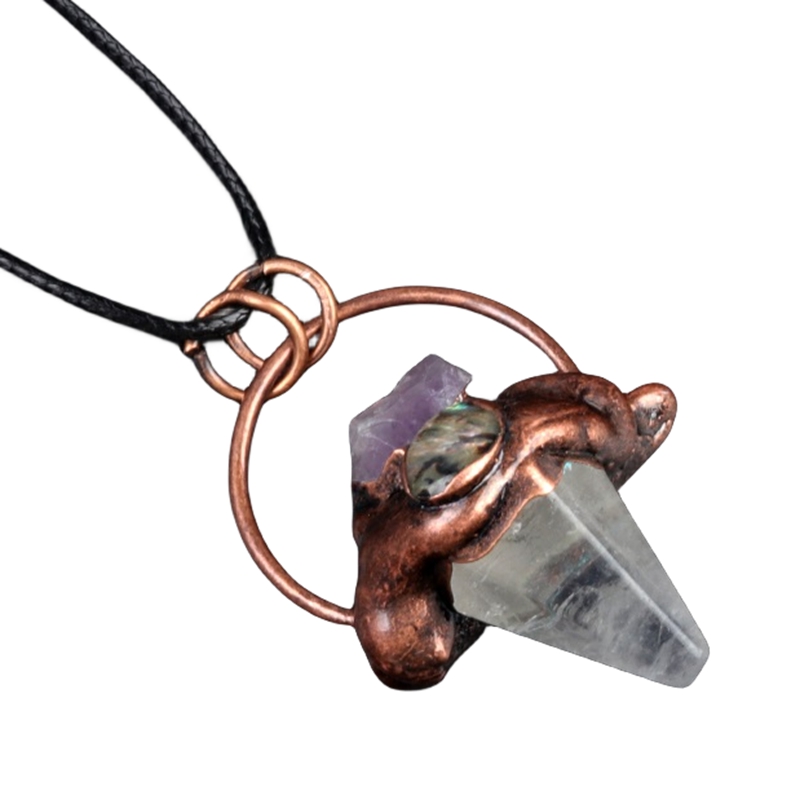 Retro Red Copper Hexagonal Pyramid Stone Pendant Necklace 45CM Black Cord