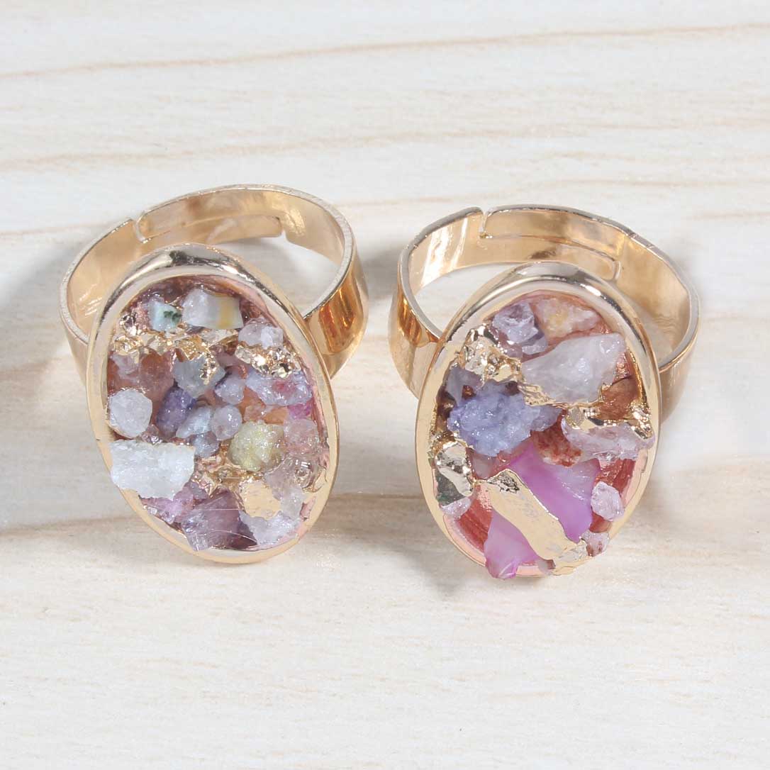 Druzy Crystal Rings for Women Girls Oval Metal Plated Gold Quartz Ring Jewelry