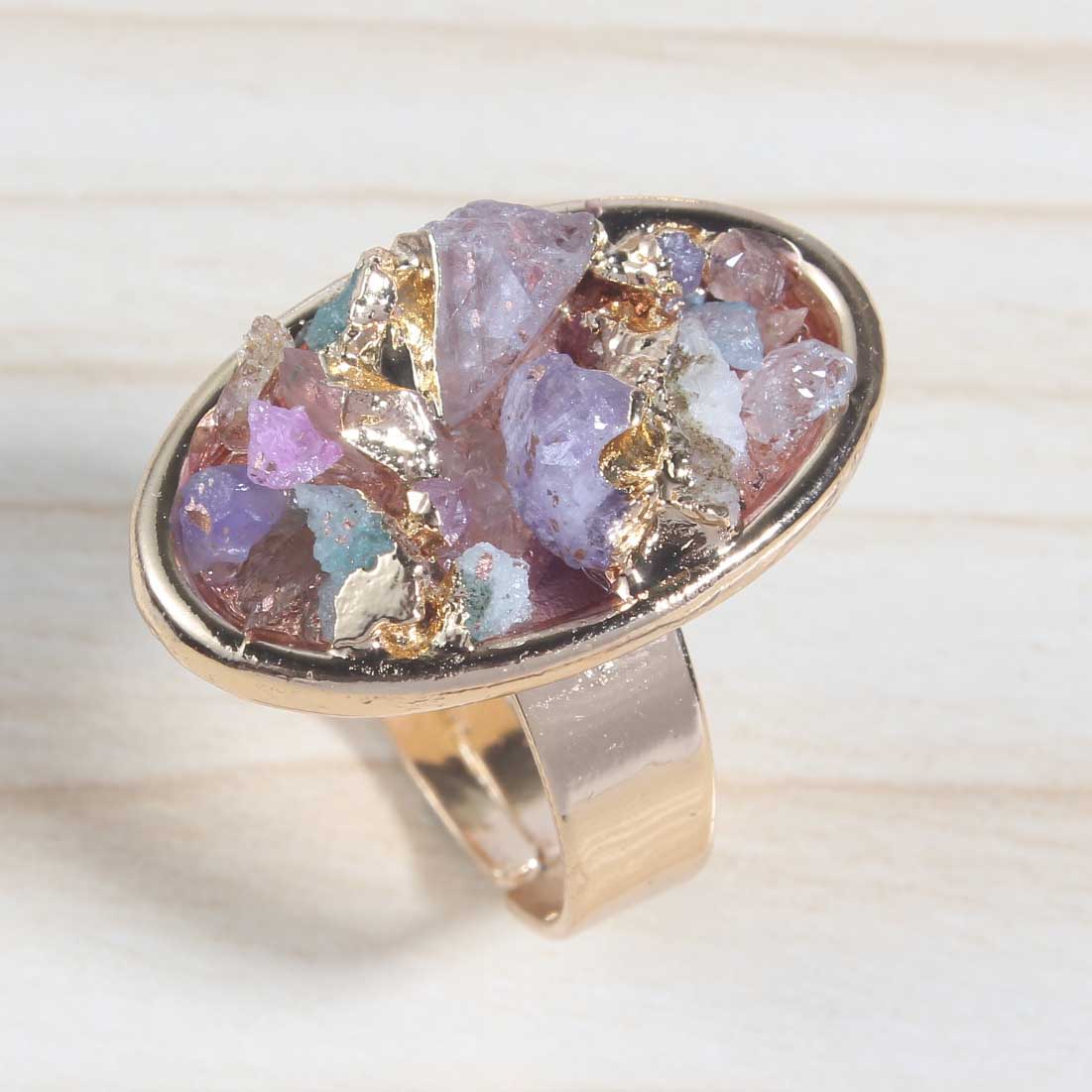 Druzy Crystal Rings for Women Girls Oval Metal Plated Gold Quartz Ring Jewelry