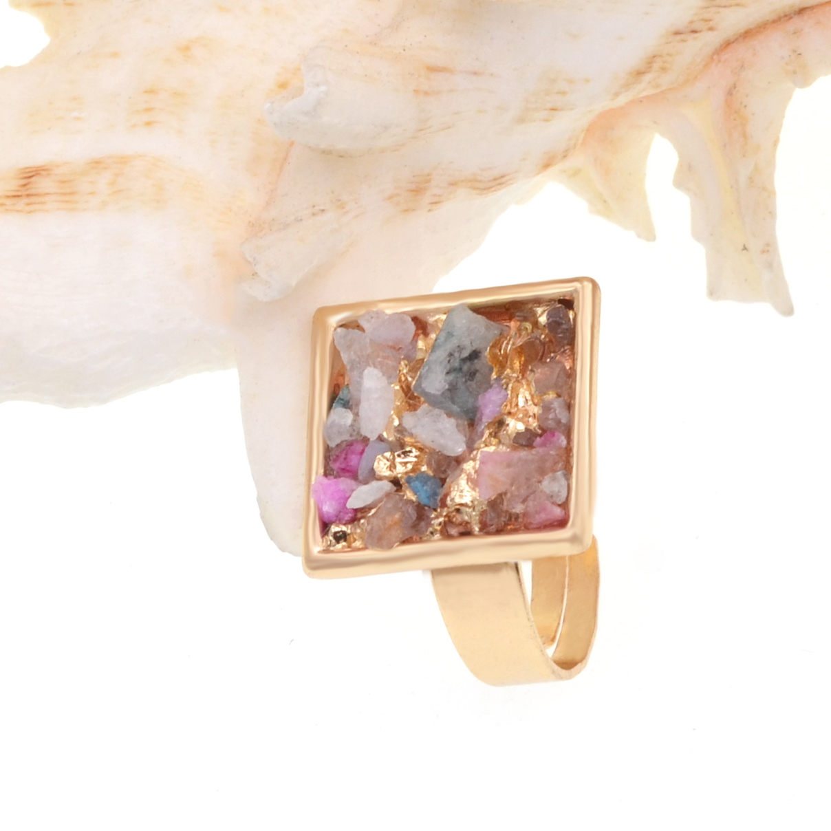 Druzy Crystal Rings for Women Girls Square Metal Plated Gold Quartz Ring Jewelry