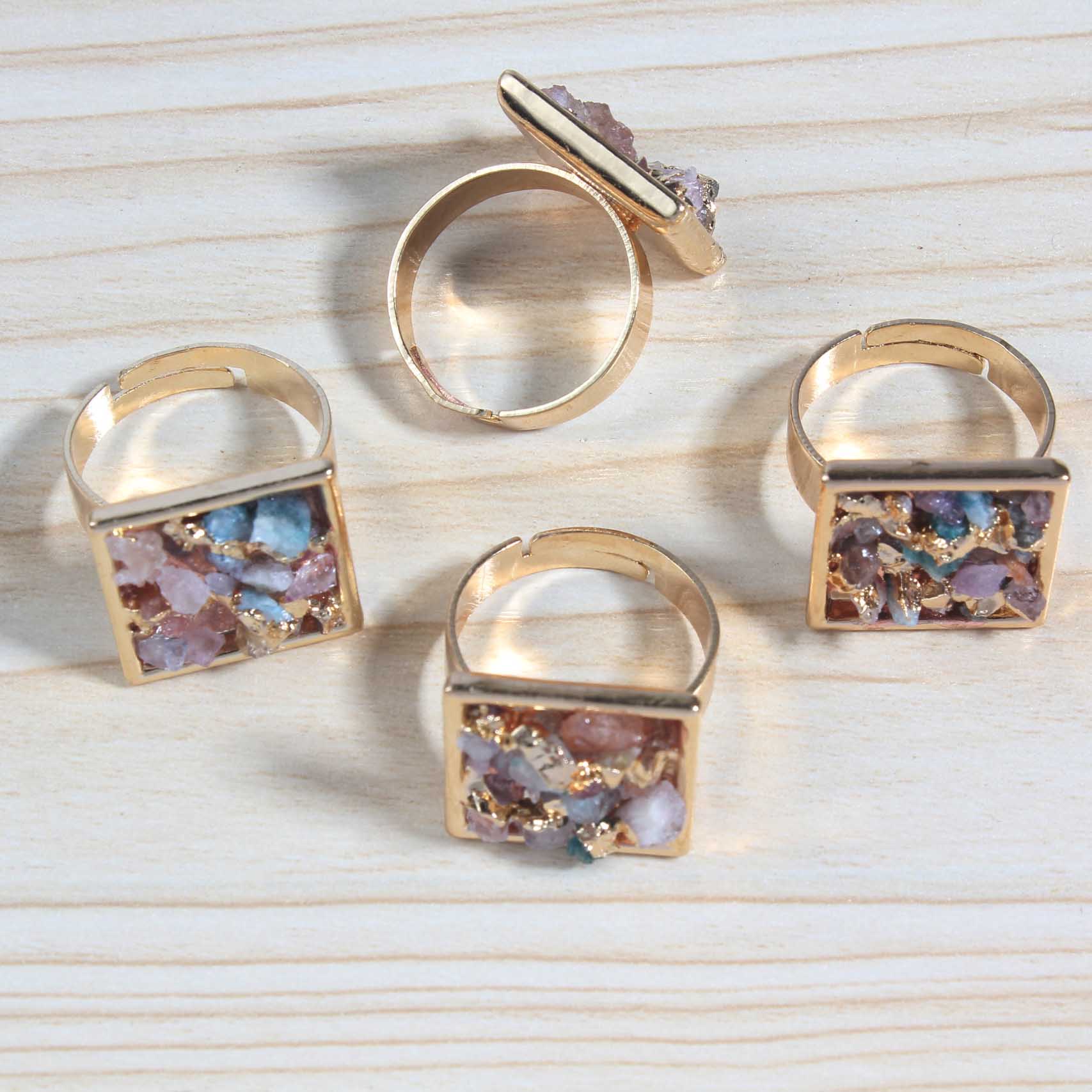 Druzy Crystal Rings for Women Girls Square Metal Plated Gold Quartz Ring Jewelry