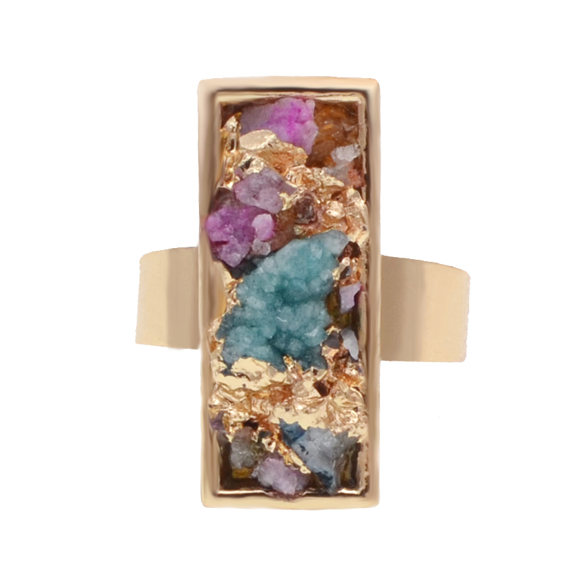 Druzy Crystal Rings for Women Girls Rectangle Metal Plated Gold Quartz Ring Jewelry