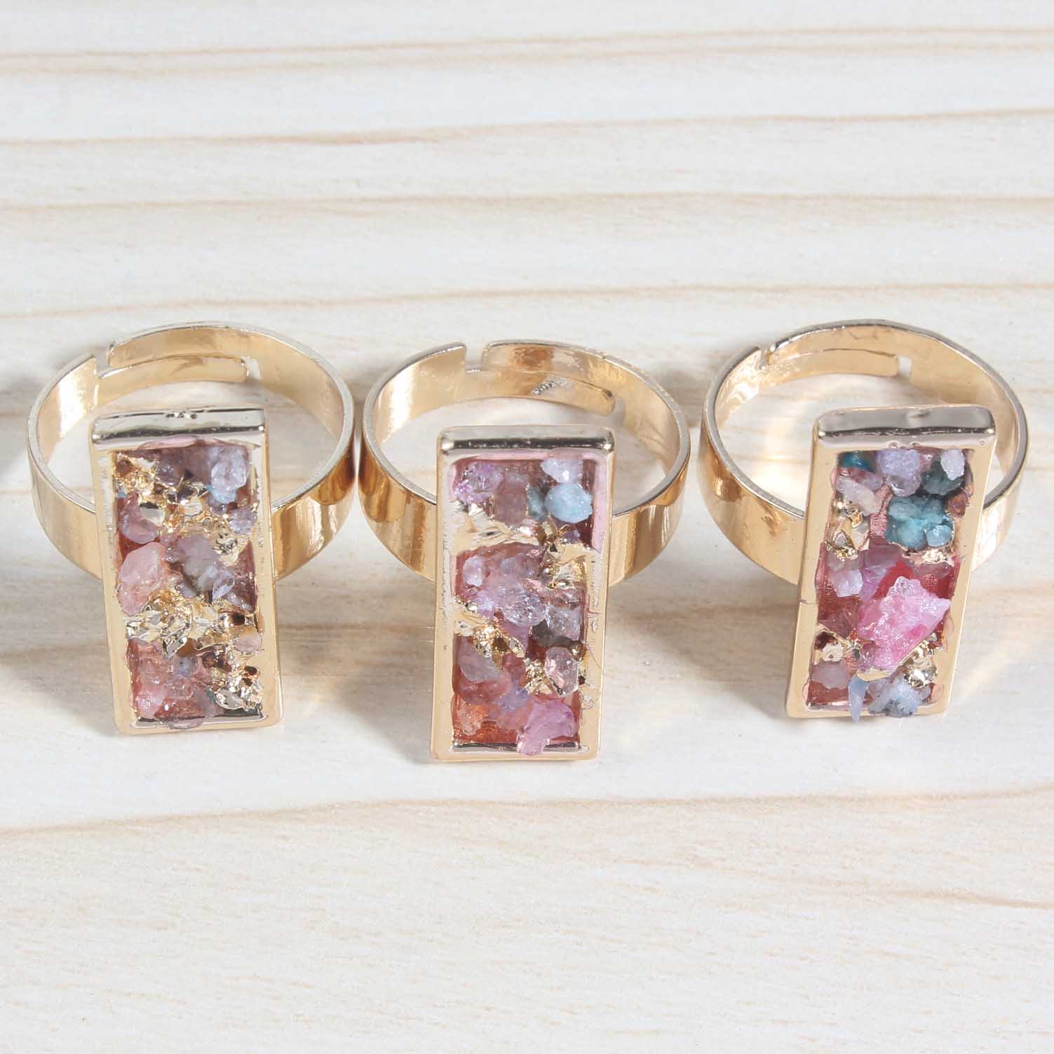 Druzy Crystal Rings for Women Girls Rectangle Metal Plated Gold Quartz Ring Jewelry