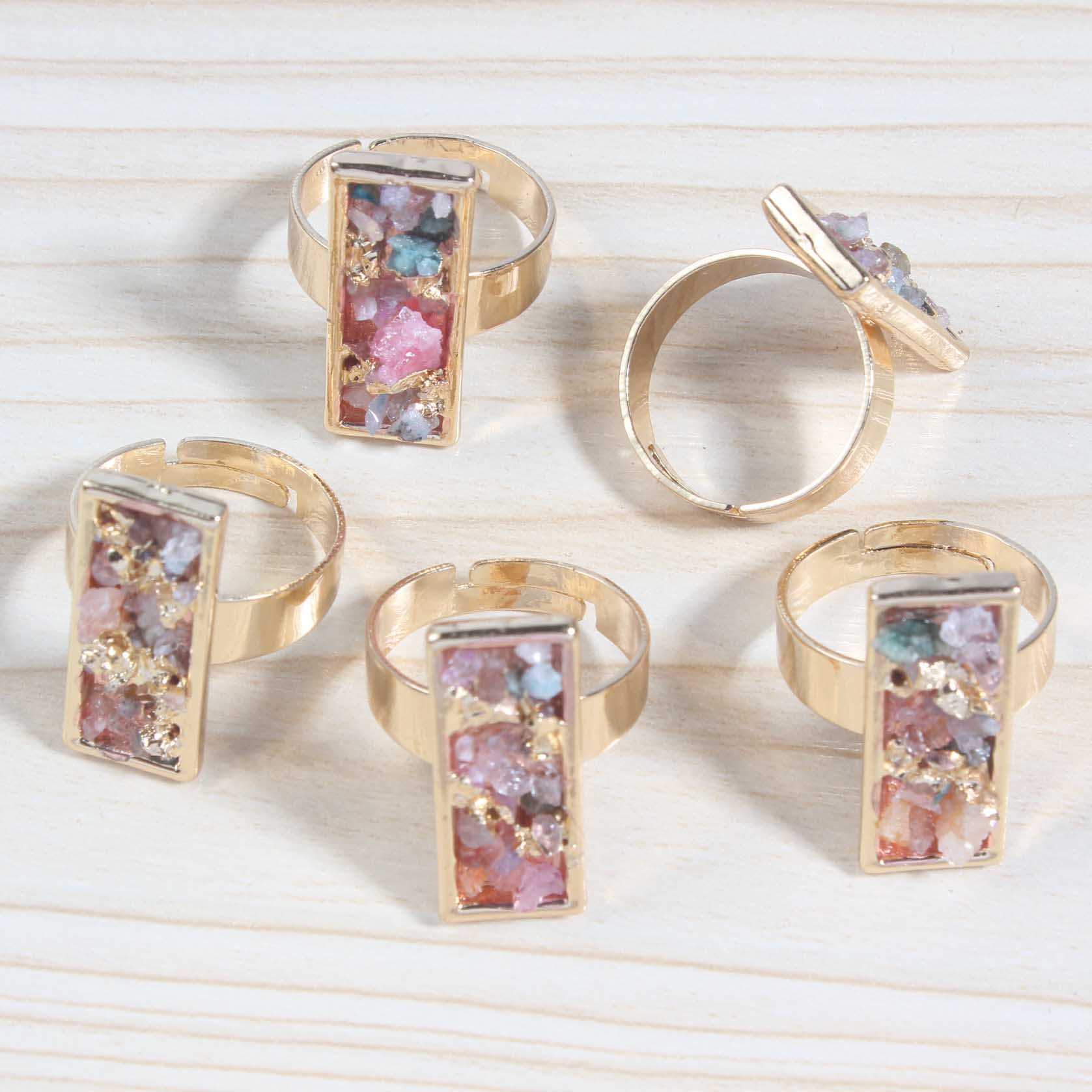 Druzy Crystal Rings for Women Girls Rectangle Metal Plated Gold Quartz Ring Jewelry