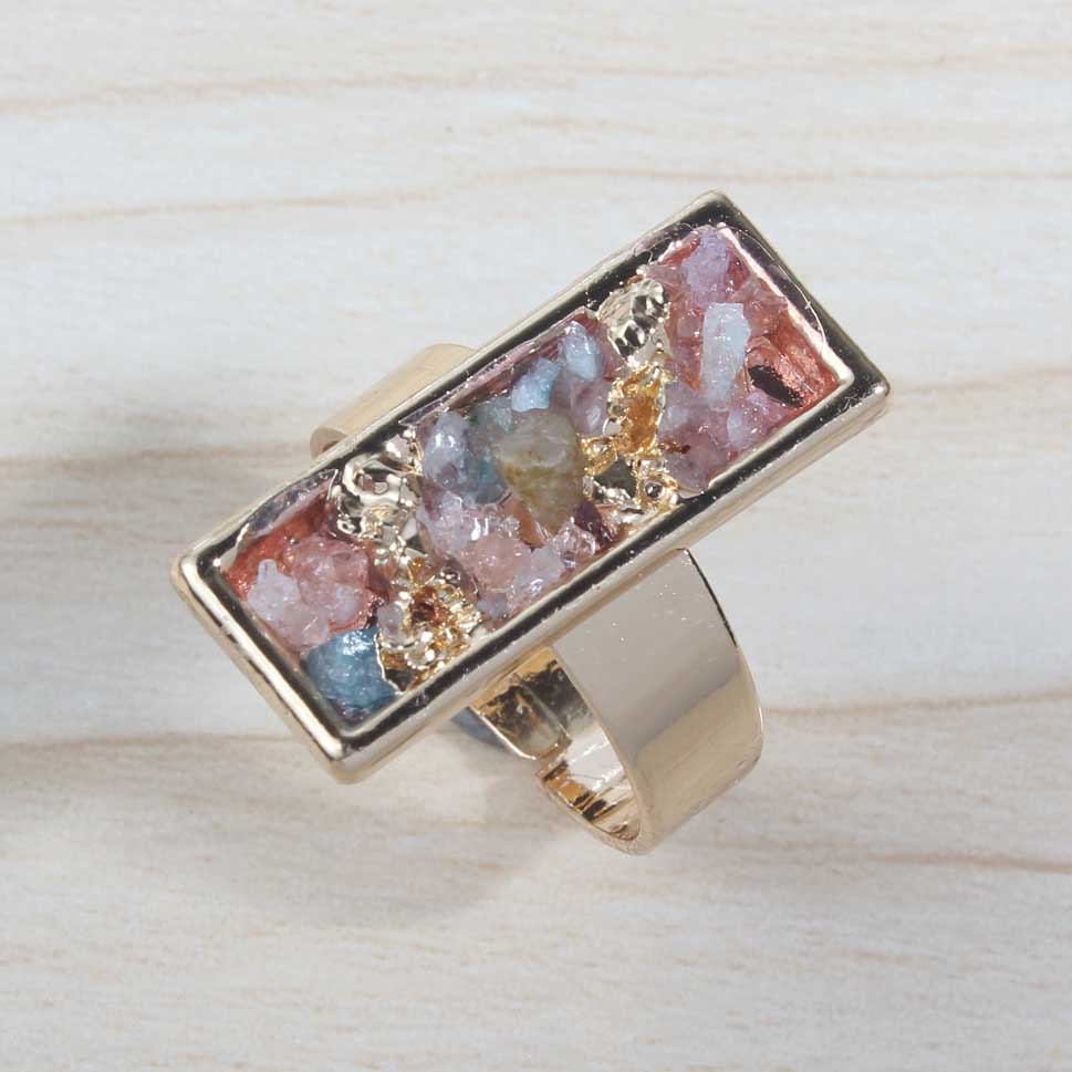 Druzy Crystal Rings for Women Girls Rectangle Metal Plated Gold Quartz Ring Jewelry