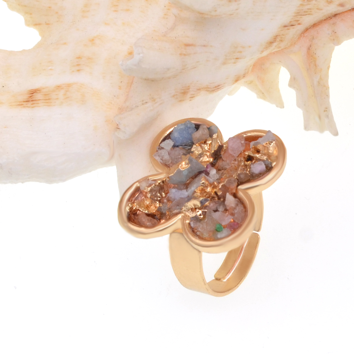 Druzy Crystal Rings for Women Girls Clover Metal Plated Gold Quartz Ring Jewelry