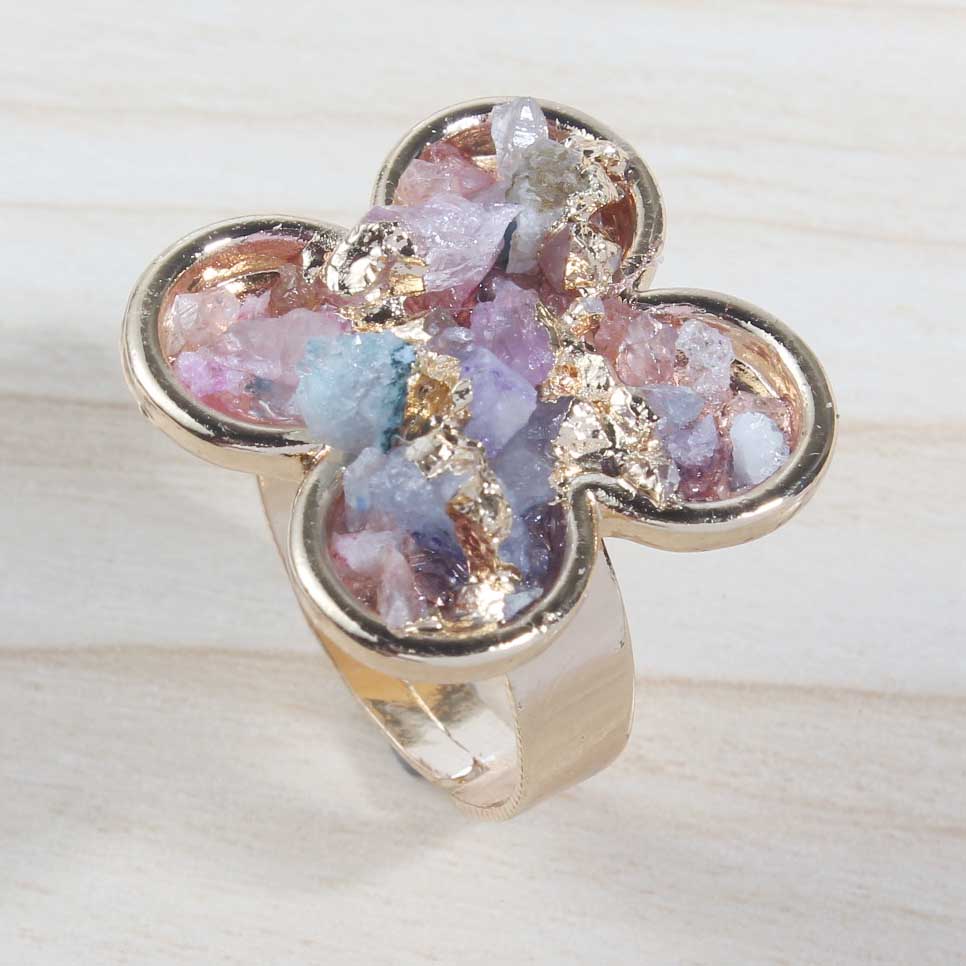 Druzy Crystal Rings for Women Girls Clover Metal Plated Gold Quartz Ring Jewelry