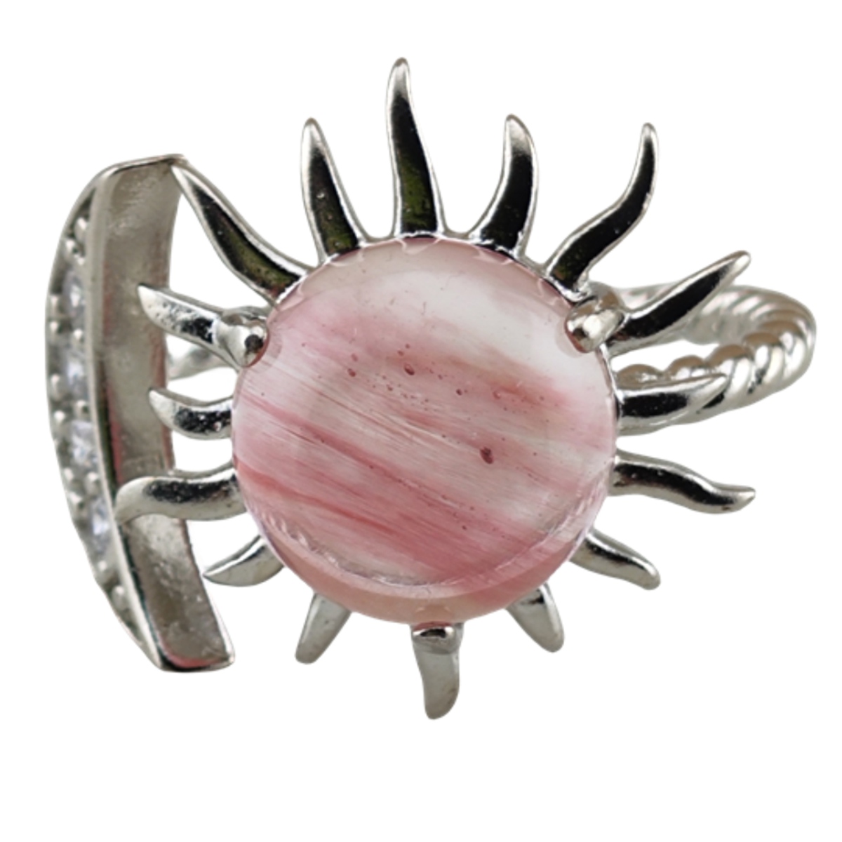 Silver Solar Stone Rings for Women Men Adjustable 10MM Gemstone Cabochons Sun Moon Rings SR0178S