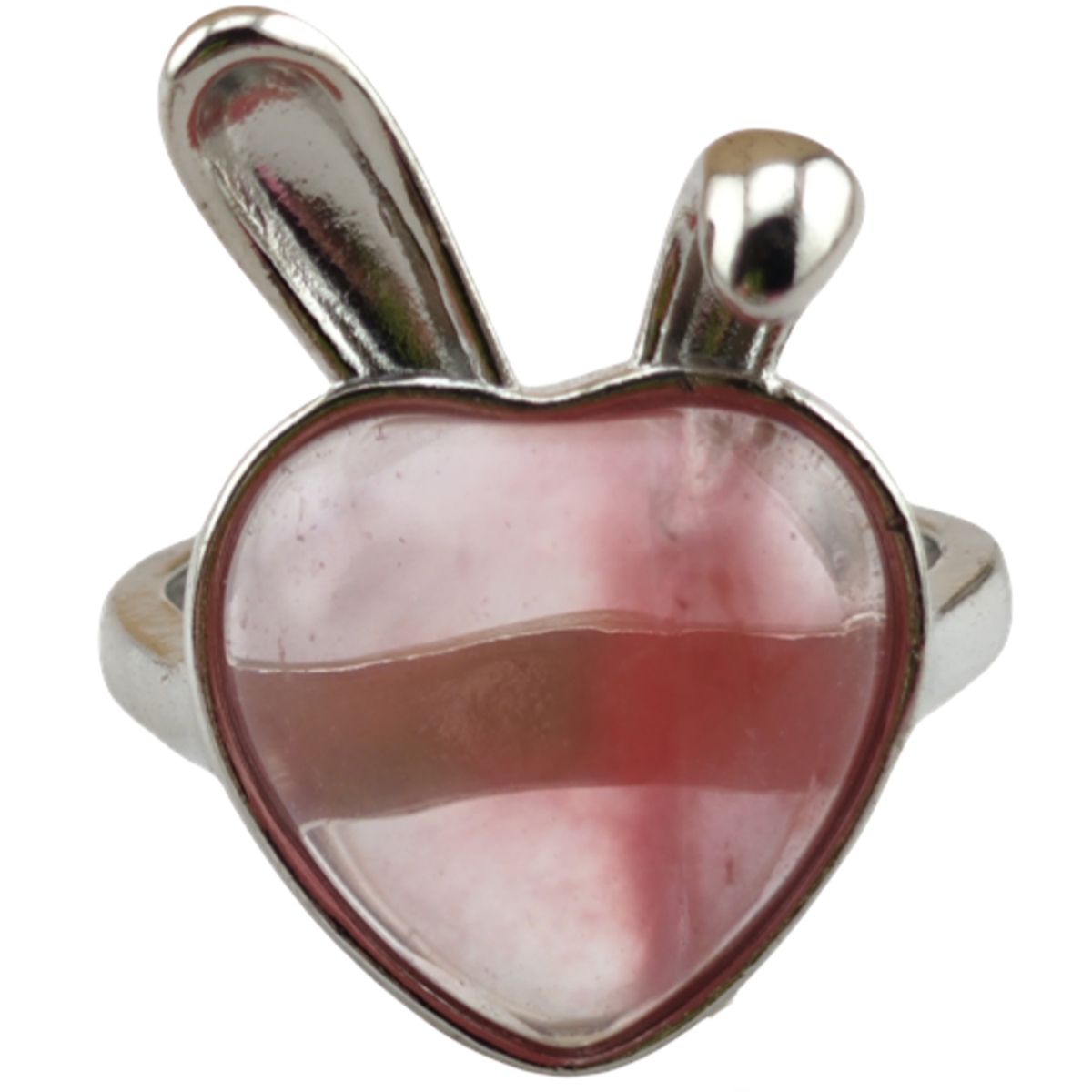 Silver Rabbit Stone Rings for Women Girl Adjustable 15MM Heart Gemstone Cabochons Rings SR0180S