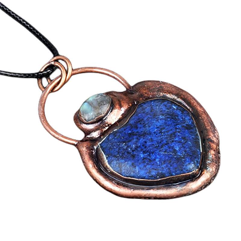 Natual Gemstone Love Heart Retro Red Copper Stone Pendant Necklace  45CM Black Cord 