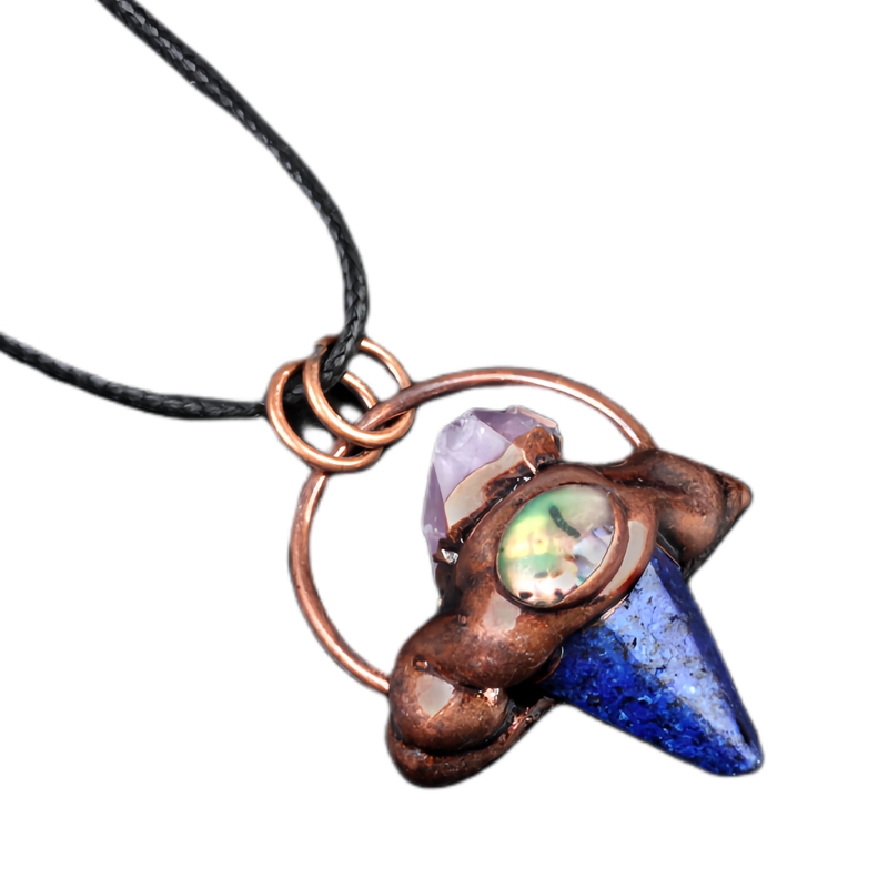 Retro Red Copper Hexagonal Pyramid Stone Pendant Necklace 45CM Black Cord