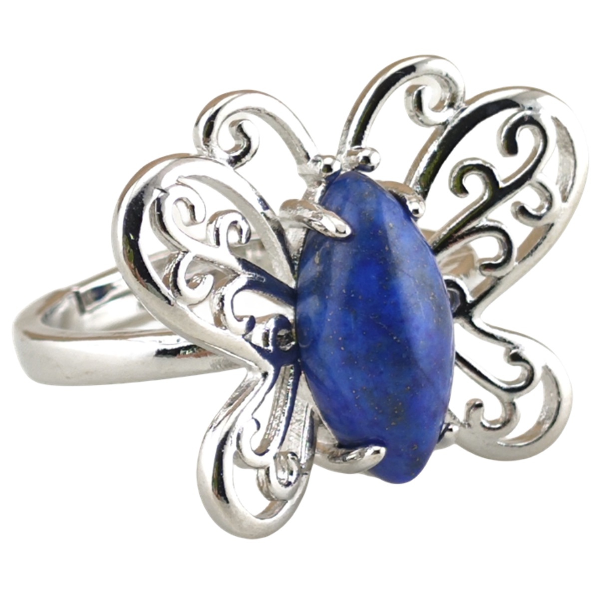 Silver Butterfly Stone Rings for Women Men Adjustable 7x15MM Horse Eye Gemstone CAB SR0175S