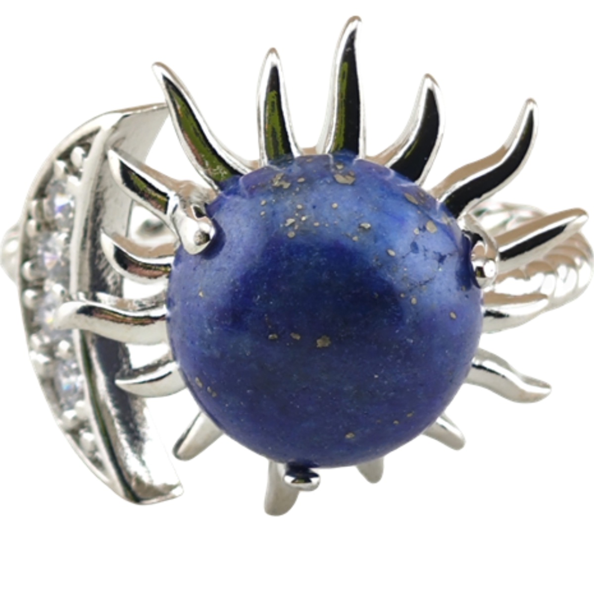 Silver Solar Stone Rings for Women Men Adjustable 10MM Gemstone Cabochons Sun Moon Rings SR0178S