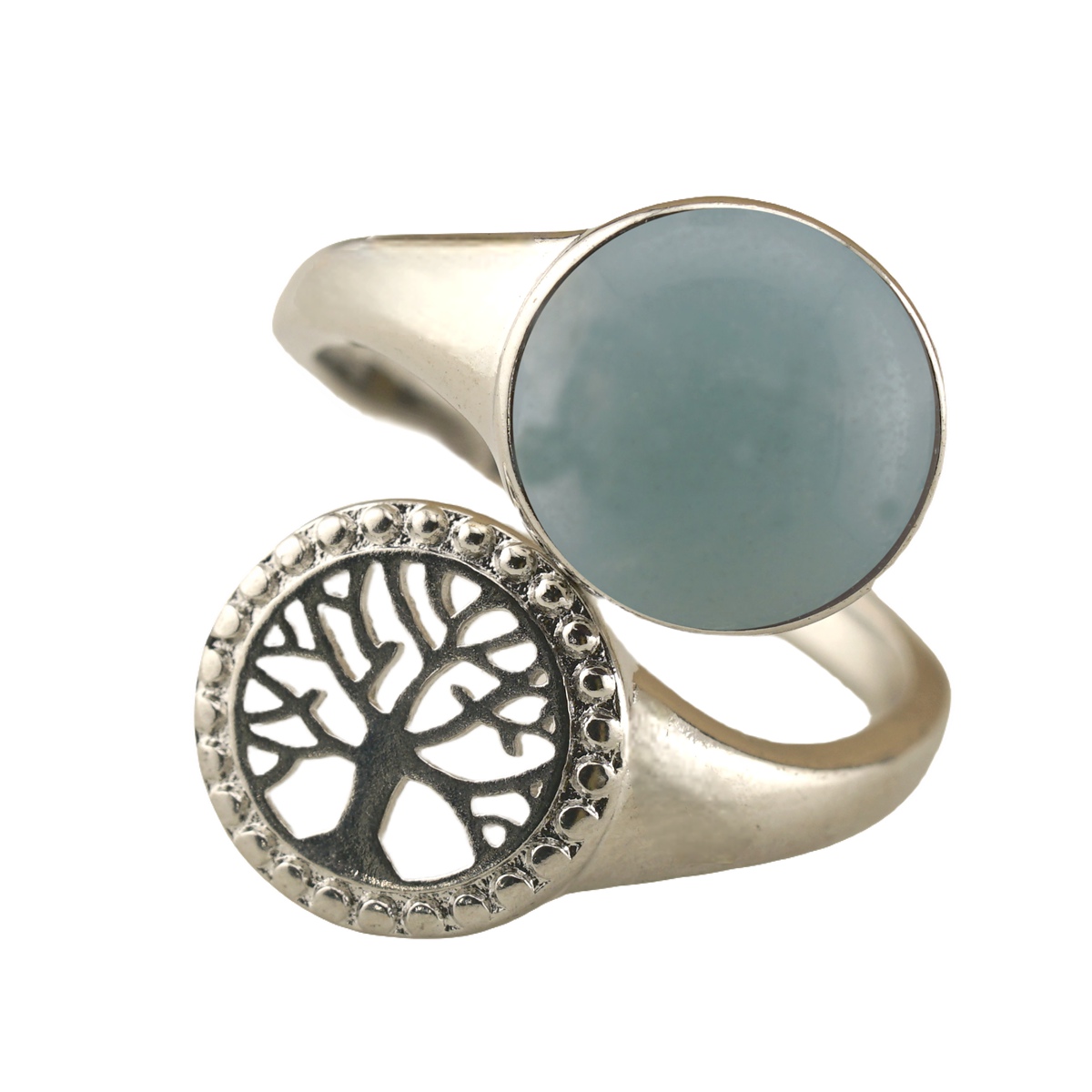Silver Life of Tree Stone Rings for Women Men Adjustable 10MM Round Gemstone CAB SR0171S