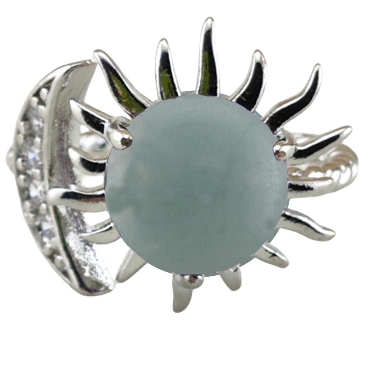 Silver Solar Stone Rings for Women Men Adjustable 10MM Gemstone Cabochons Sun Moon Rings SR0178S