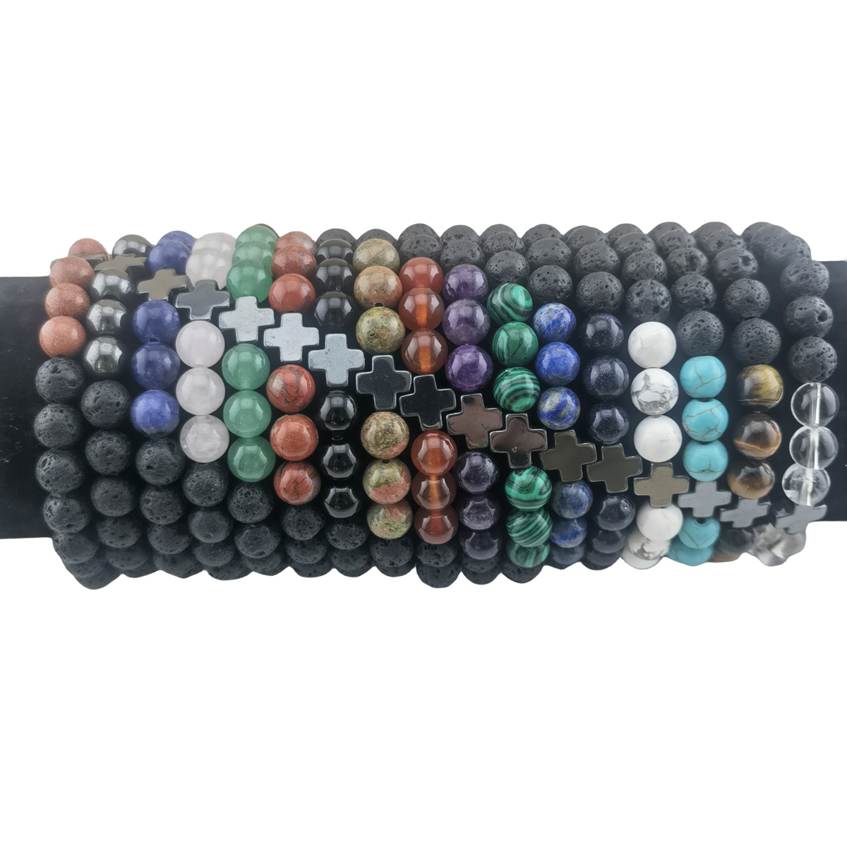 Lava Stone 8MM Beads Bracelet with Gemstone and Hematite Cross