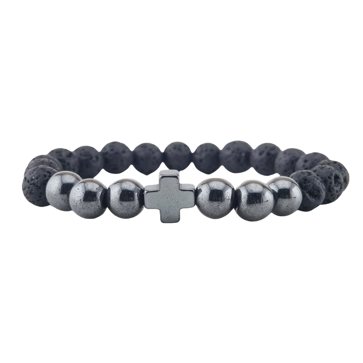 Lava Stone 8MM Beads Bracelet with Gemstone and Hematite Cross