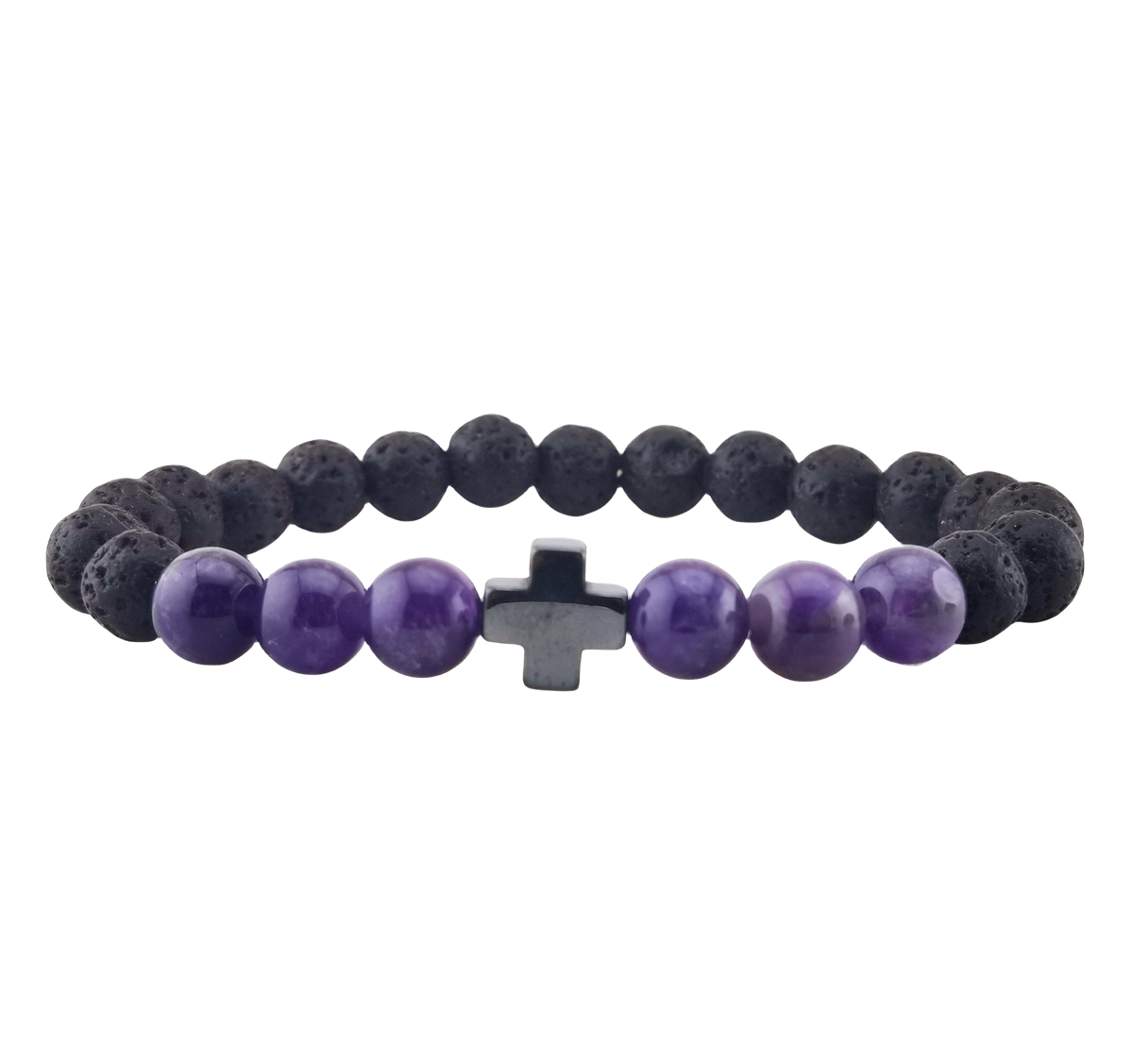 Lava Stone 8MM Beads Bracelet with Gemstone and Hematite Cross