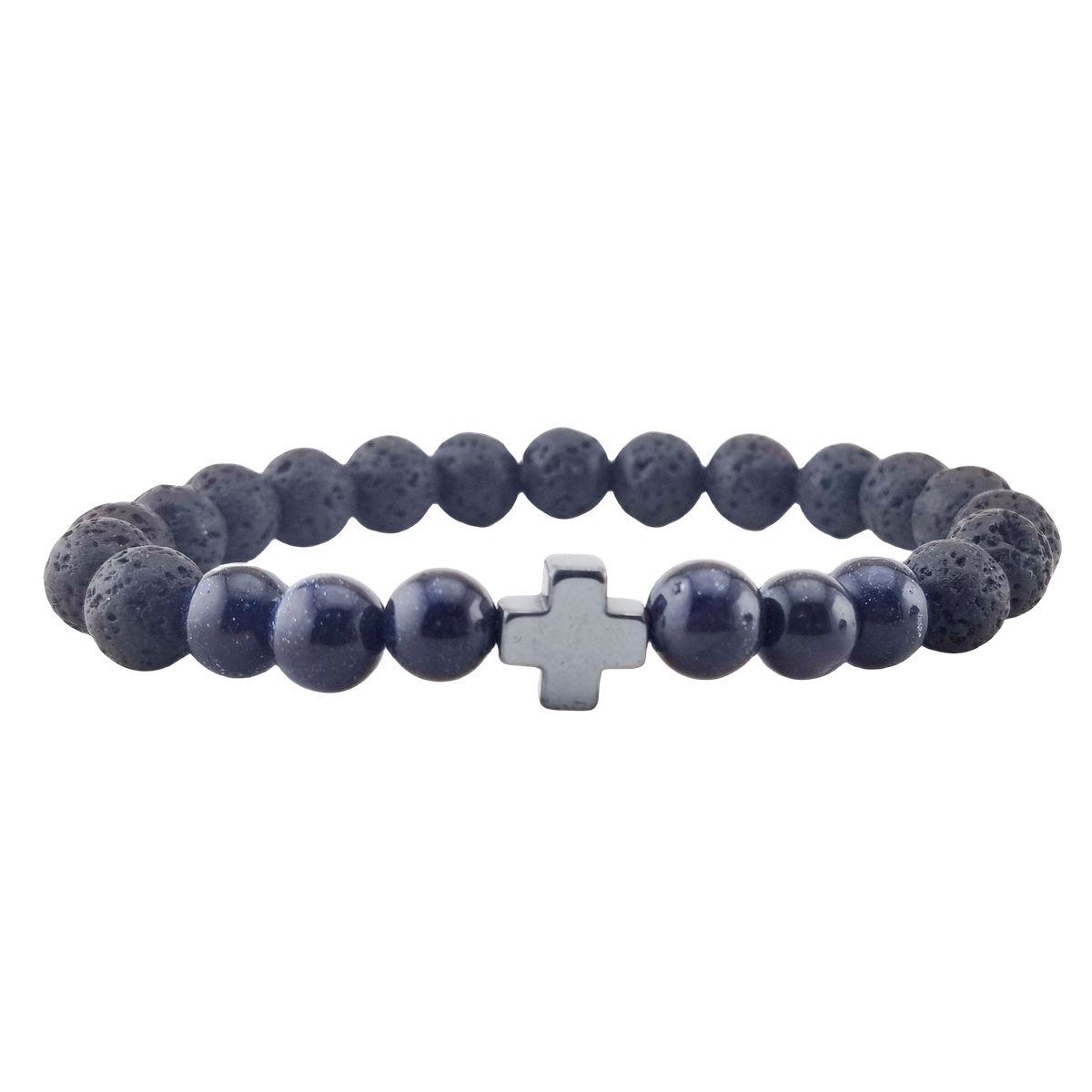 Lava Stone 8MM Beads Bracelet with Gemstone and Hematite Cross