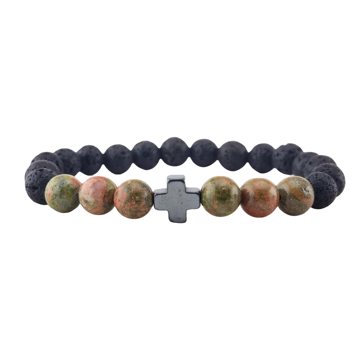 Lava Stone 8MM Beads Bracelet with Gemstone and Hematite Cross
