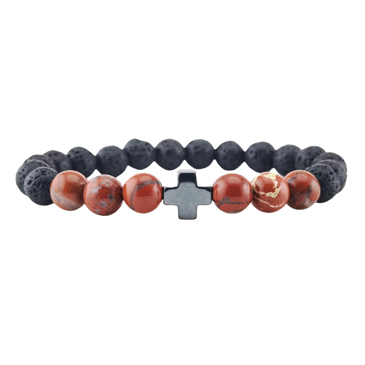 Lava Stone 8MM Beads Bracelet with Gemstone and Hematite Cross