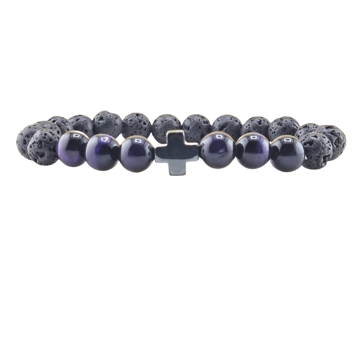 Lava Stone 8MM Beads Bracelet with Gemstone and Hematite Cross