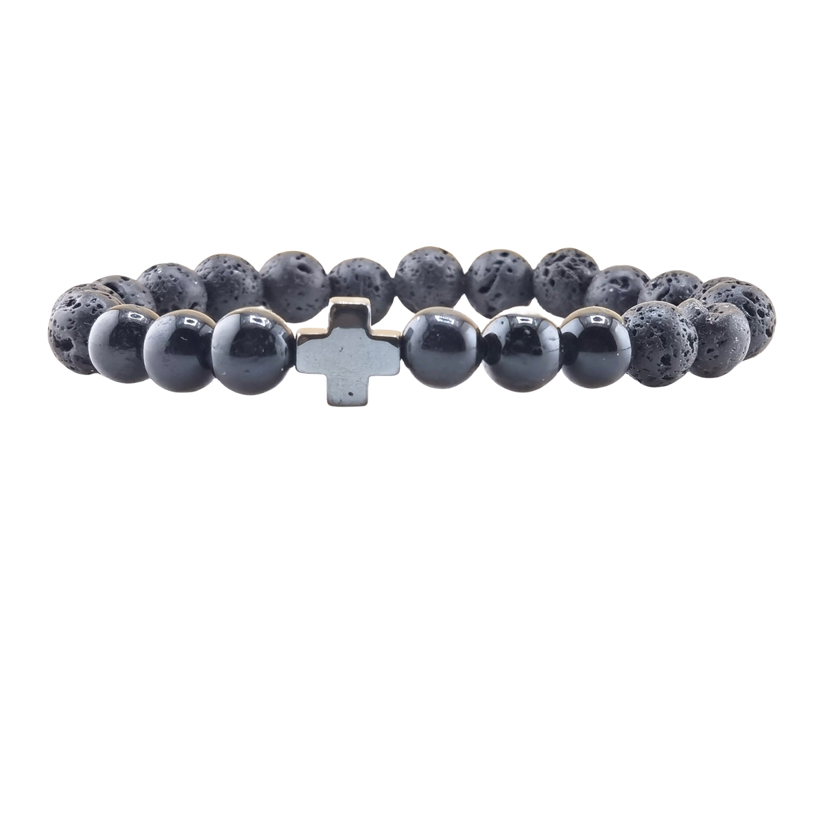 Lava Stone 8MM Beads Bracelet with Gemstone and Hematite Cross